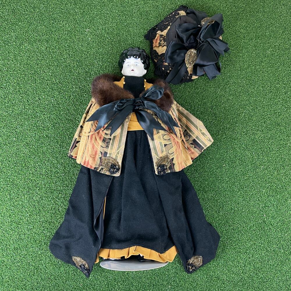 Antique Large China Head Doll 21" Real Fur Brocade Victorian Style Dress Bonnet
